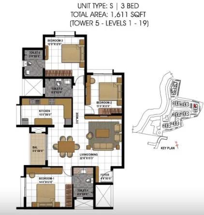Prestige Temple Bells 3 BHK floor plan, about 1,611 sq ft