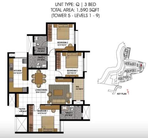 Prestige Temple Bells 3 BHK floor plan, about 1,590 sq ft