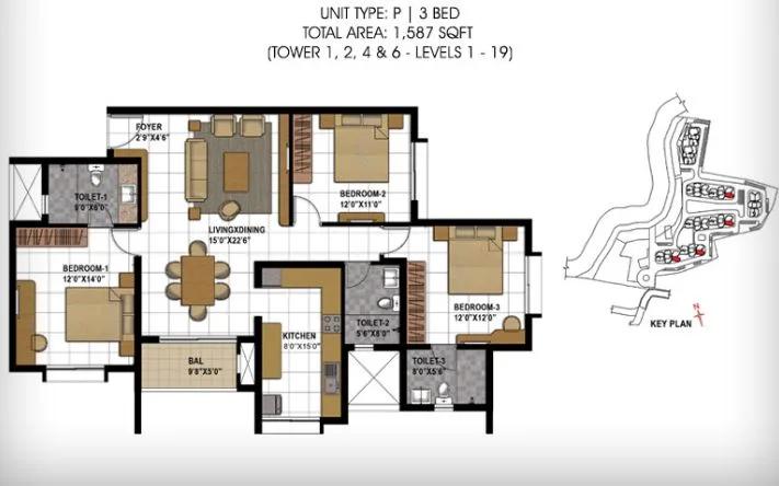 Prestige Temple Bells 3 BHK floor plan, about 1,587 sq ft