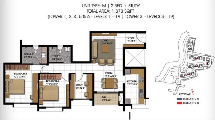Prestige Temple Bells 2 BHK floor plan, about 1,373 sq ft