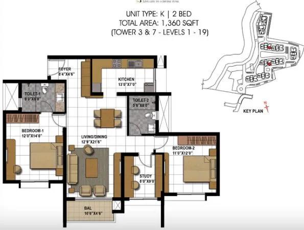Prestige Temple Bells 2 BHK floor plan, about 1,360 sq ft