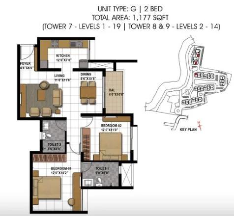 Prestige Temple Bells 2 BHK floor plan, about 1,177 sq ft