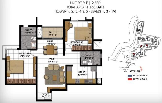 Prestige Temple Bells 2 BHK floor plan, about 1,160 sq ft