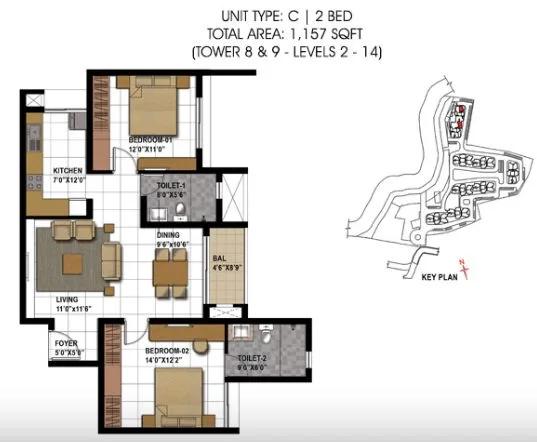 Prestige Temple Bells 2 BHK floor plan, about 1,157 sq ft