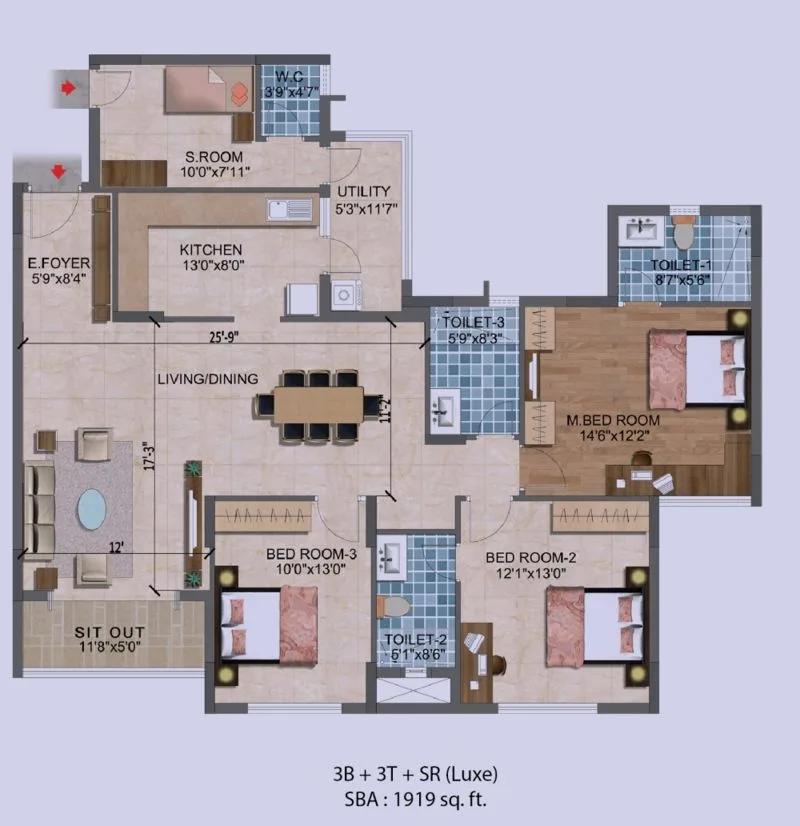 Purva Westend 3 BHK floor plan, about 1,919 sq ft