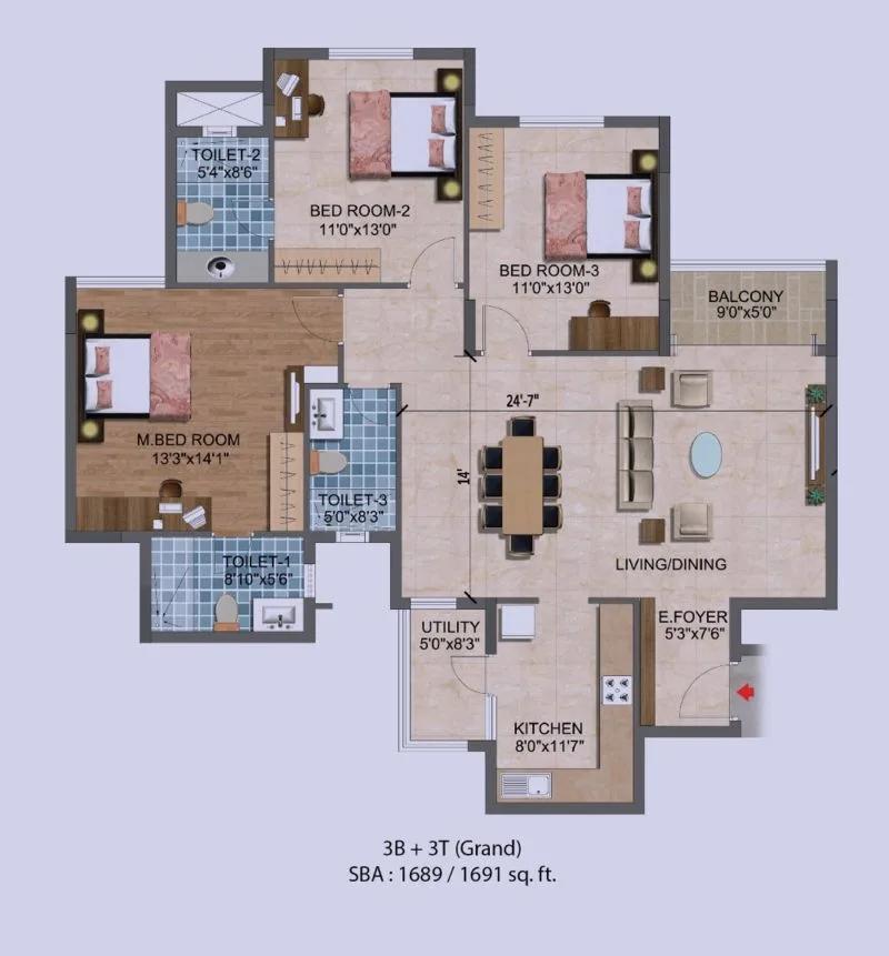 Purva Westend 3 BHK floor plan, about 1,691 sq ft