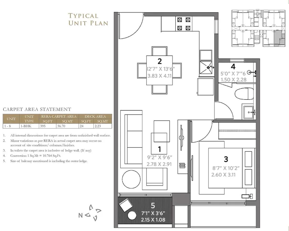 Hiranandani Torino 1 BHK floor plan, about 595 sq ft