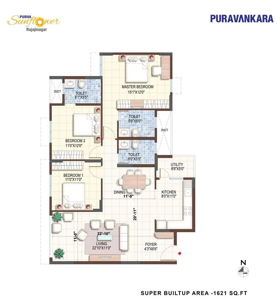 Purva Sunflower 3 BHK floor plan, about 1,621 sq ft