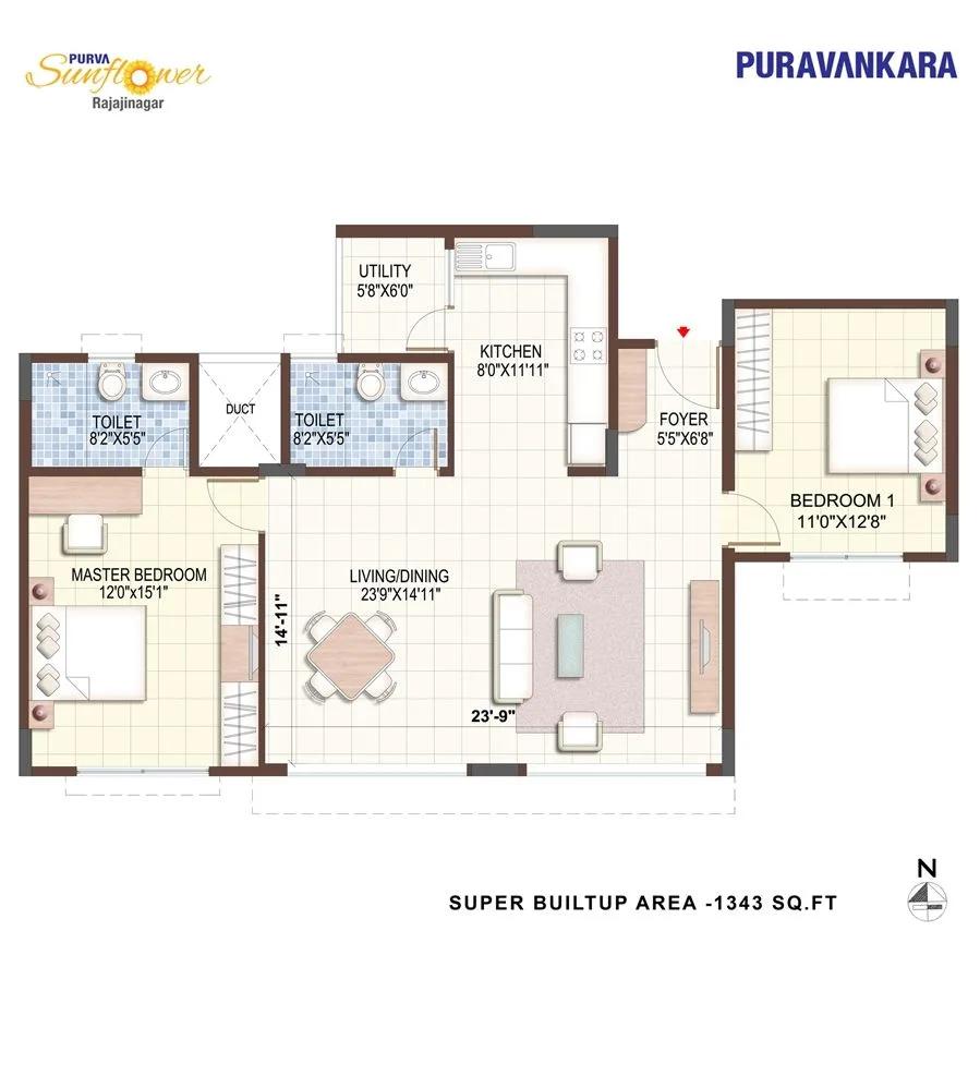 Purva Sunflower 2 BHK floor plan, about 1,343 sq ft