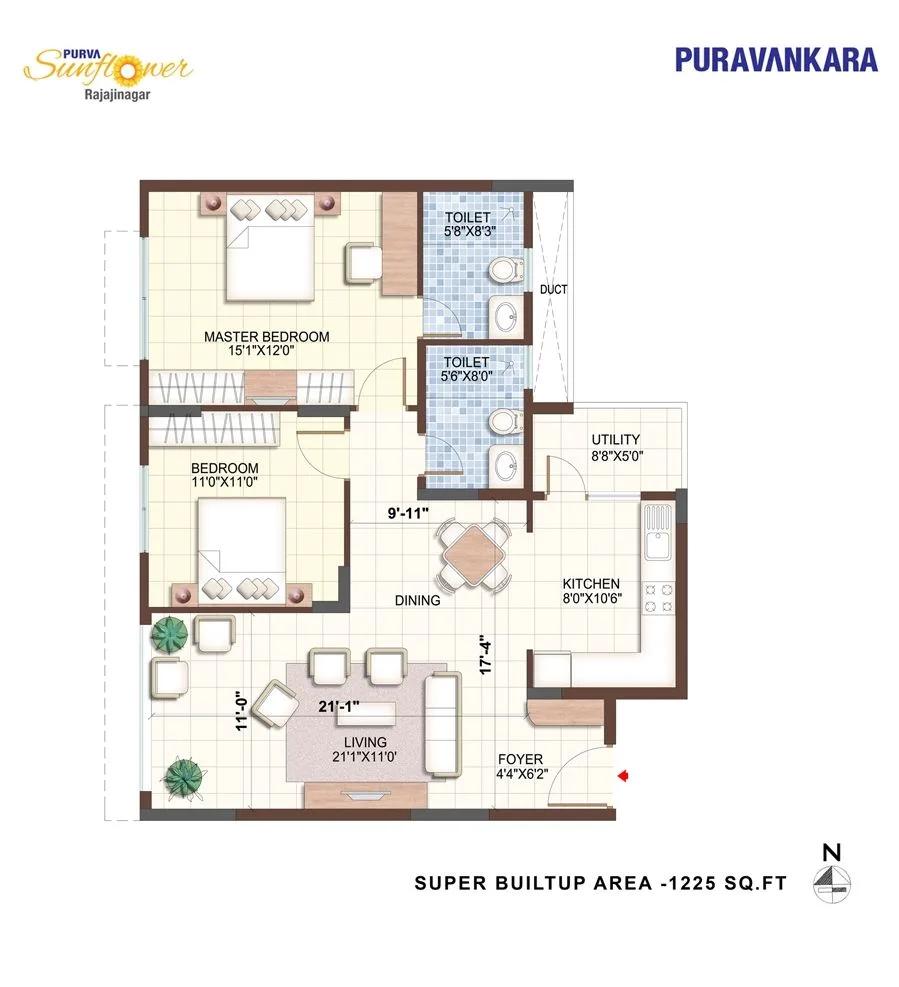 Purva Sunflower 2 BHK floor plan, about 1,225 sq ft