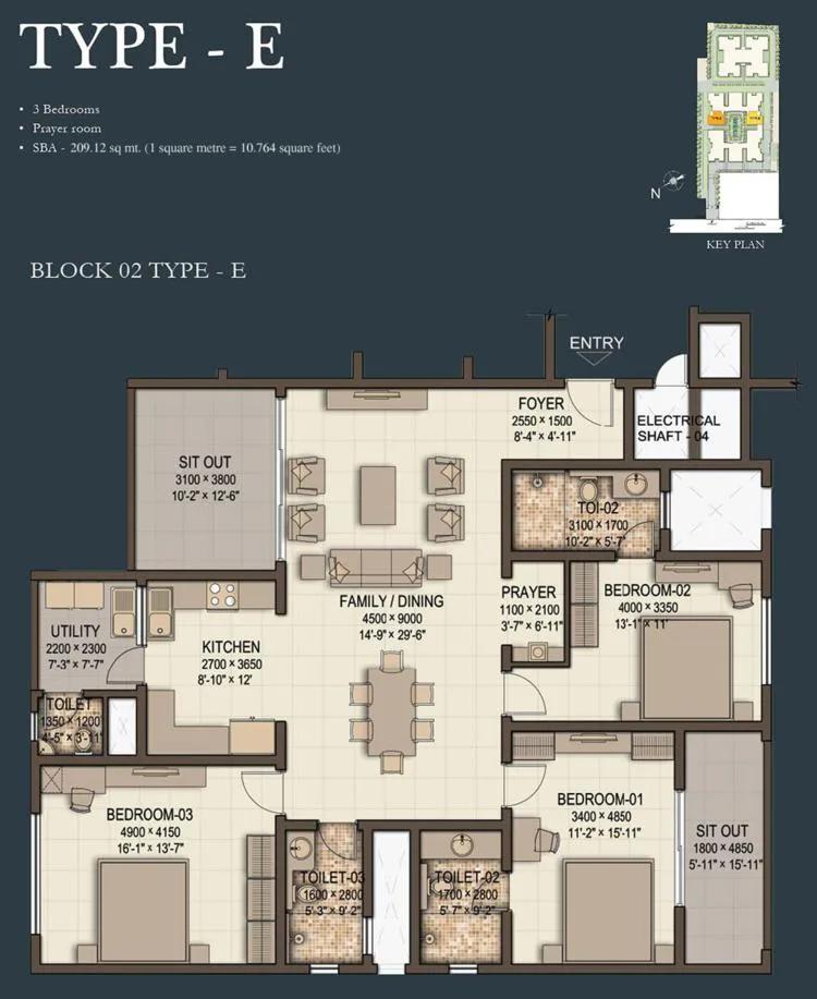 Sobha Morzaria Grandeur 3 BHK floor plan