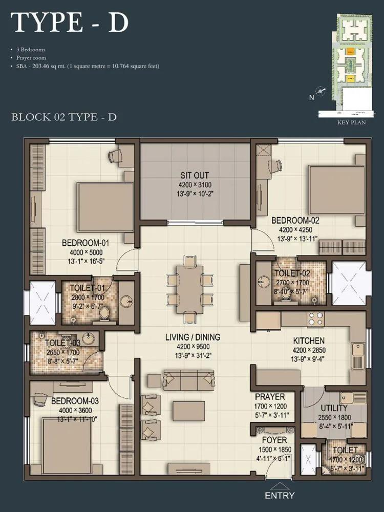 Sobha Morzaria Grandeur 3 BHK floor plan