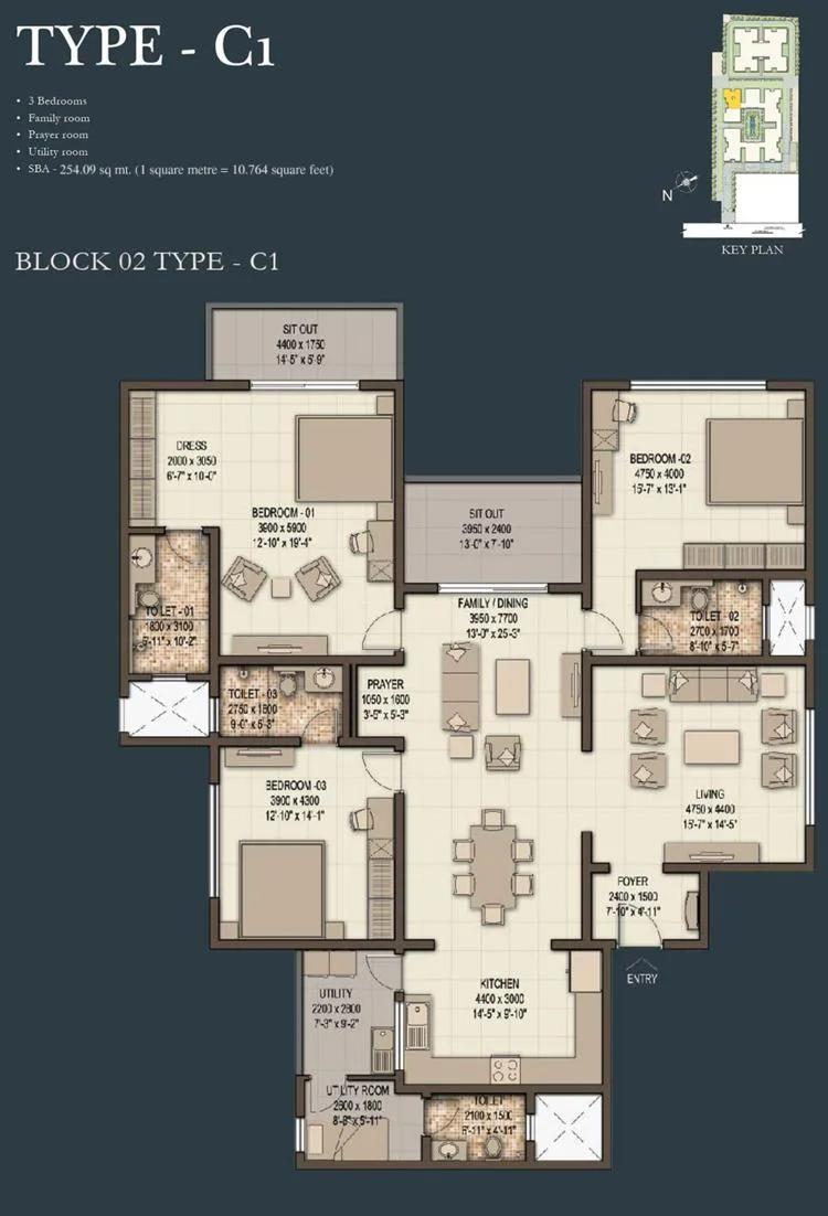Sobha Morzaria Grandeur 3 BHK floor plan