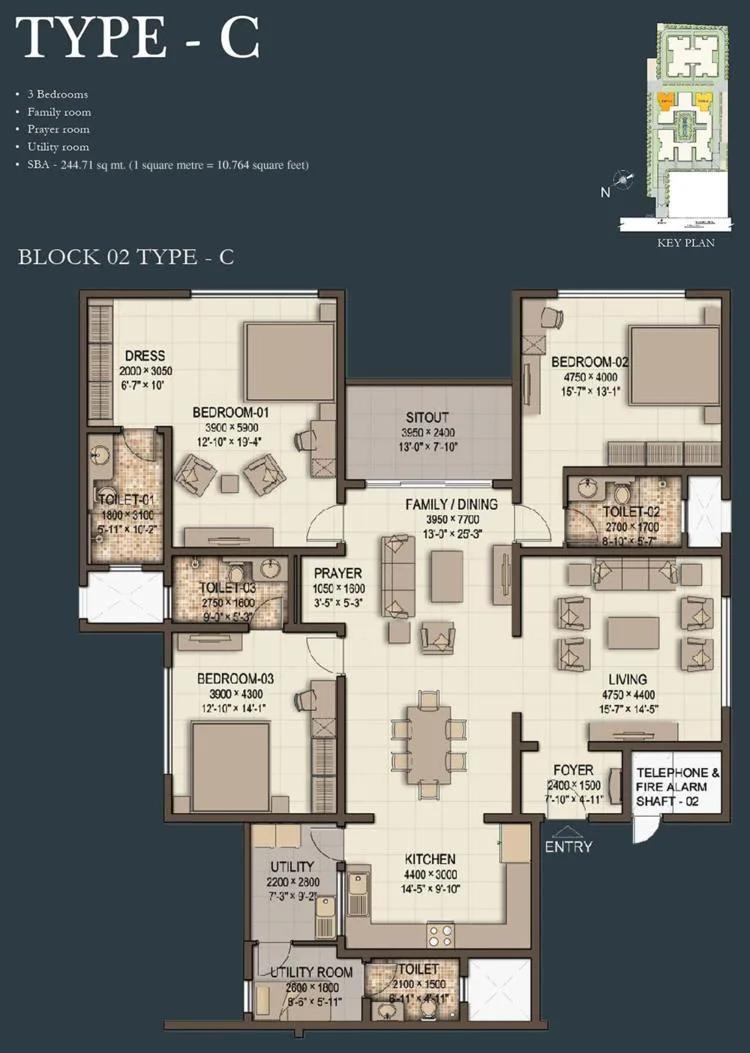 Sobha Morzaria Grandeur 3 BHK floor plan