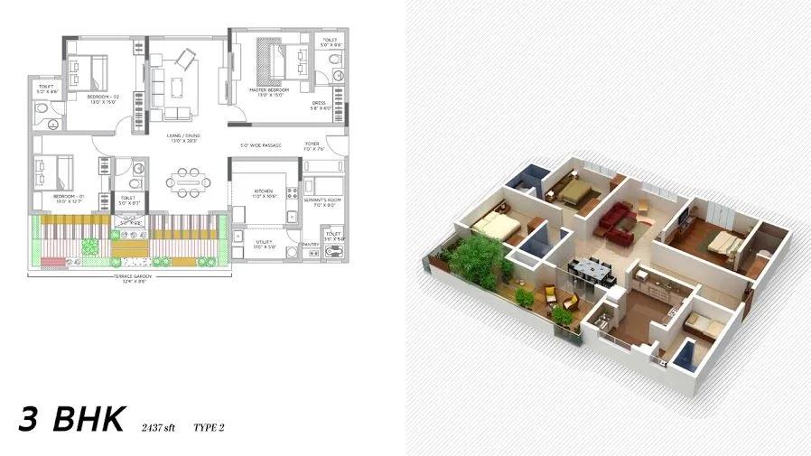 Vaishnavi Terraces 3 BHK floor plan, about 2,437 sq ft