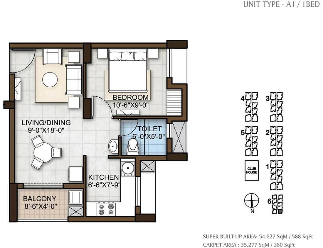 Prestige Windsor Park 1 BHK floor plan, about 588 sq ft