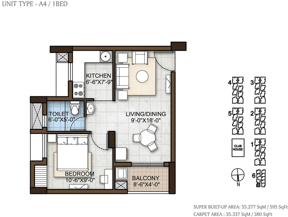Prestige Windsor Park 1 BHK floor plan, about 595 sq ft