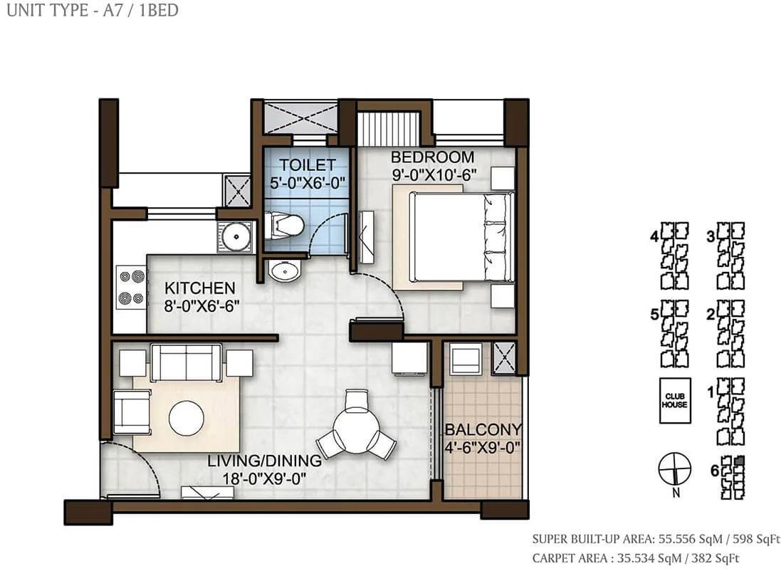 Prestige Windsor Park 1 BHK floor plan, about 598 sq ft
