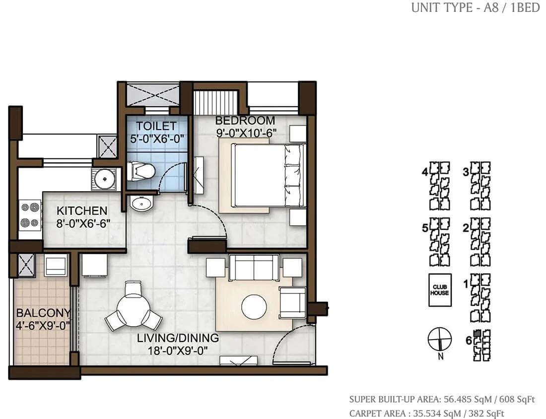 Prestige Windsor Park 1 BHK floor plan, about 608 sq ft