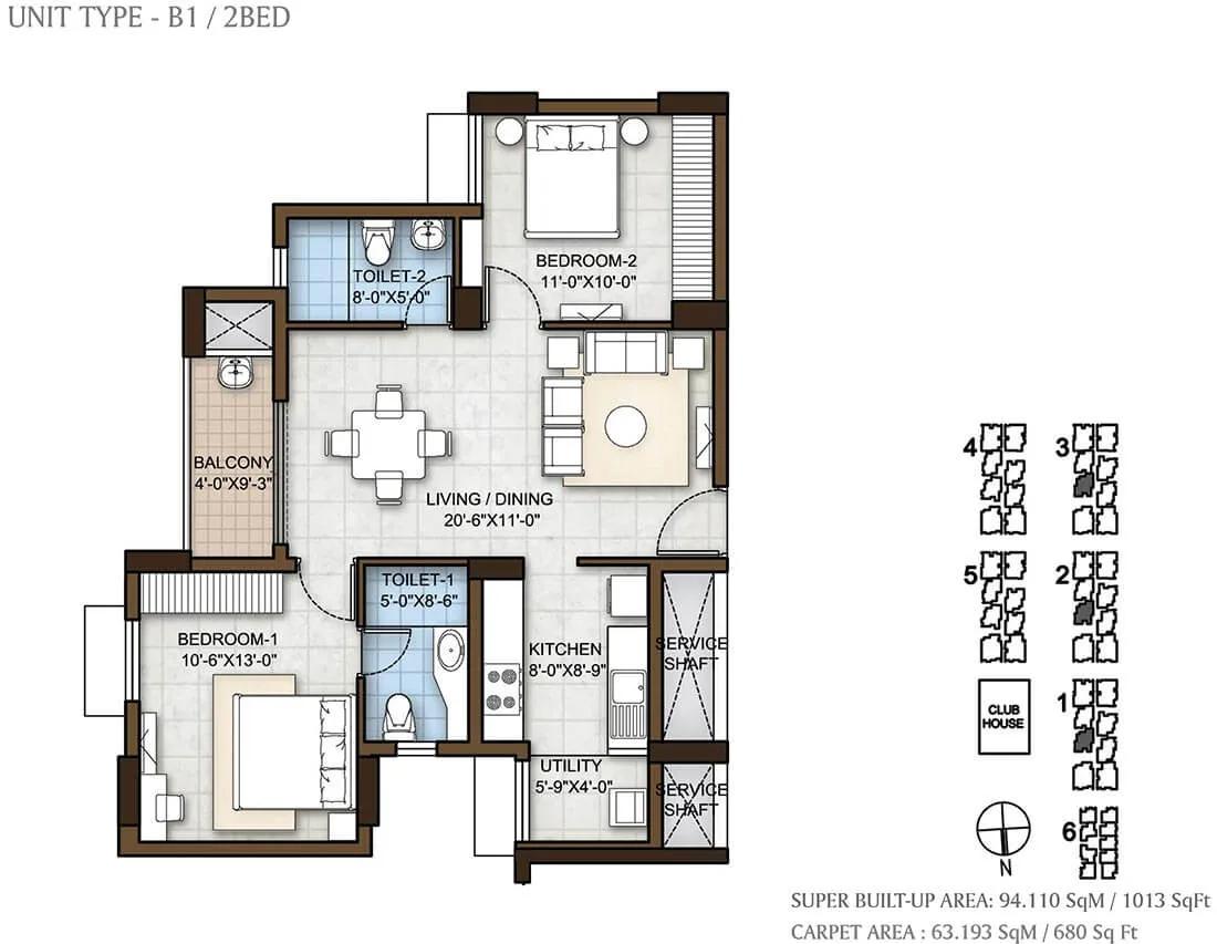 Prestige Windsor Park 2 BHK floor plan, about 1,013 sq ft