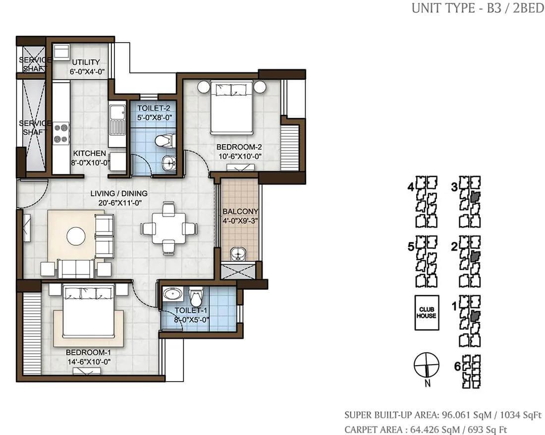 Prestige Windsor Park 2 BHK floor plan, about 1,034 sq ft