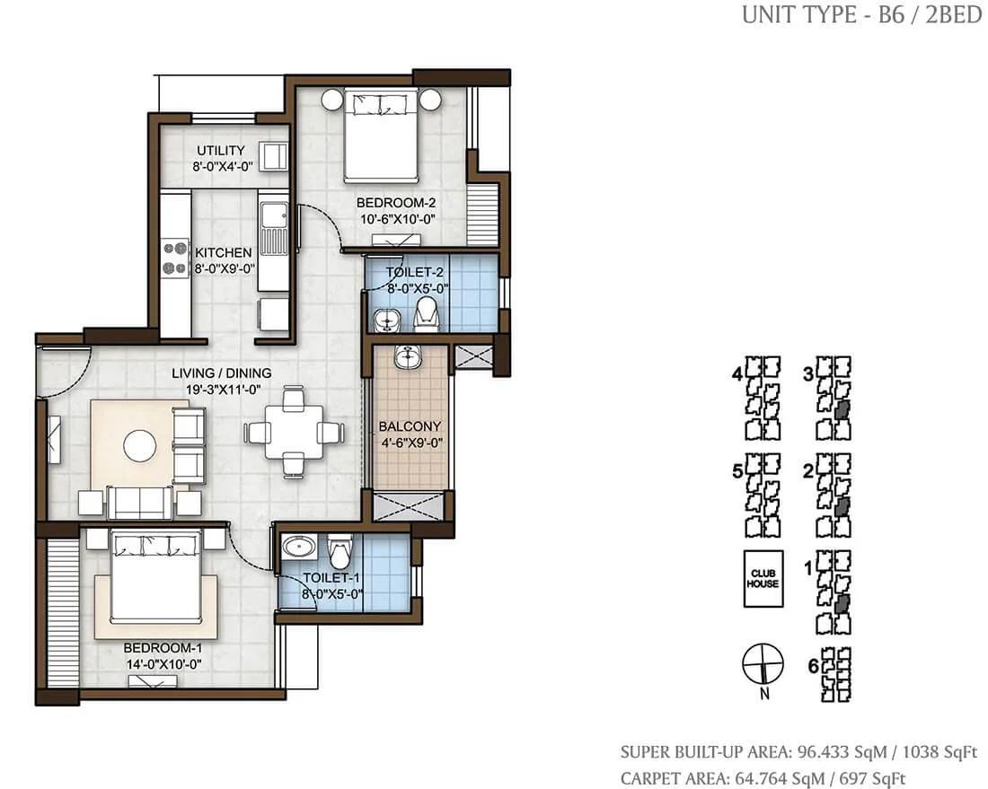 Prestige Windsor Park 2 BHK floor plan, about 1,038 sq ft