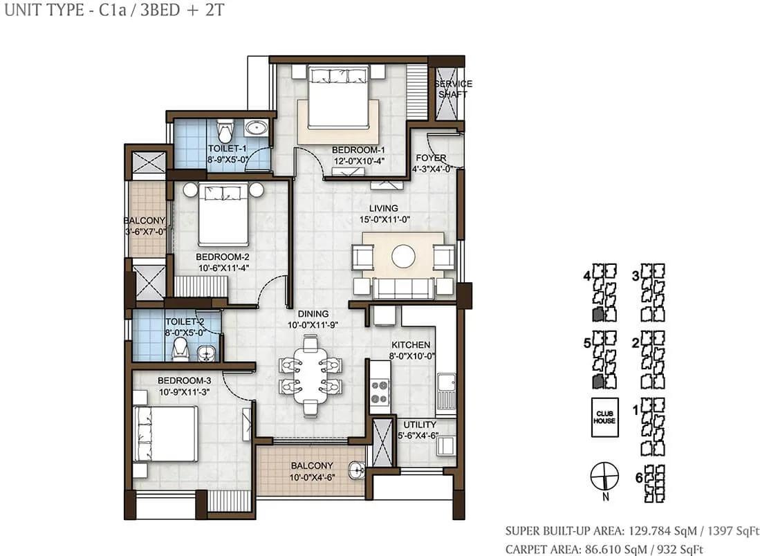 Prestige Windsor Park 3 BHK floor plan, about 1,397 sq ft