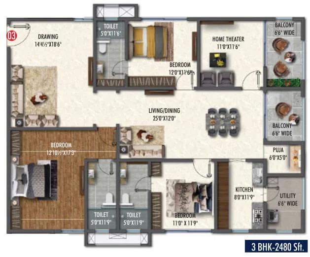 Vasavi Skyla 3 BHK floor plan, about 2,480 sq ft