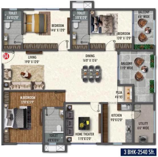 Vasavi Skyla 3 BHK floor plan, about 2,540 sq ft