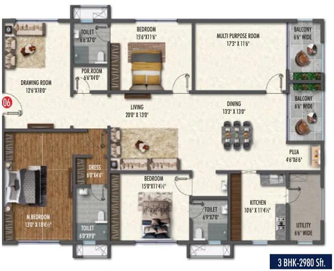 Vasavi Skyla 3 BHK floor plan, about 2,980 sq ft