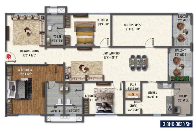 Vasavi Skyla 3 BHK floor plan, about 3,030 sq ft