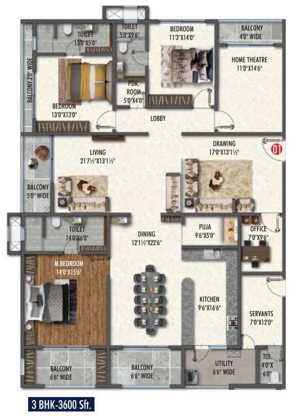 Vasavi Skyla 3 BHK floor plan, about 3,600 sq ft