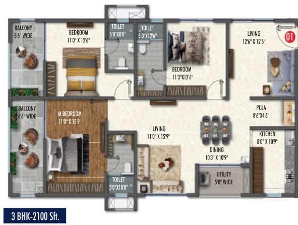 Vasavi Skyla 3 BHK floor plan, about 2,100 sq ft