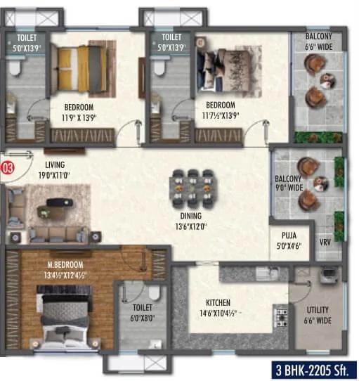 Vasavi Skyla 3 BHK floor plan, about 2,205 sq ft