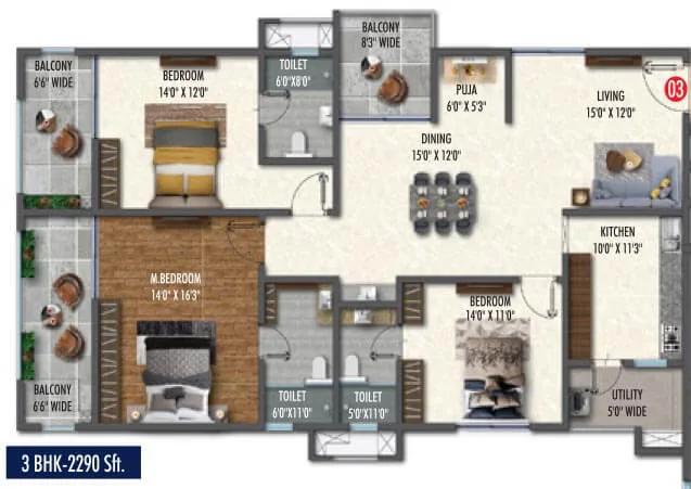 Vasavi Skyla 3 BHK floor plan, about 2,290 sq ft
