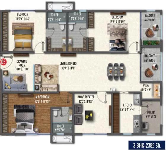 Vasavi Skyla 3 BHK floor plan, about 2,385 sq ft