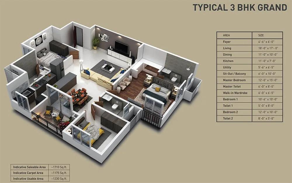 Nucleus 3 BHK floor plan, about 1,700 sq ft