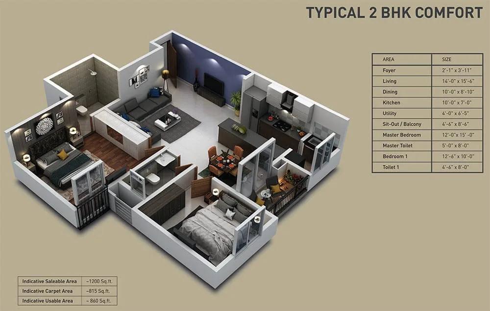 Nucleus 2 BHK floor plan, about 1,200 sq ft