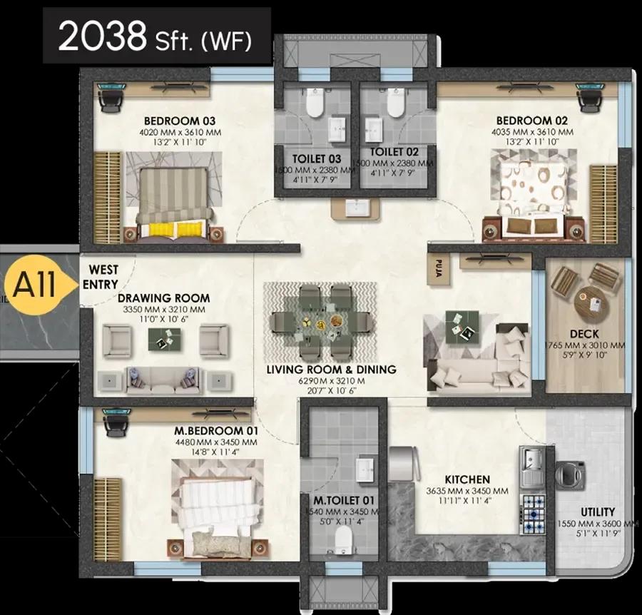 Nova by Raghava 3 BHK floor plan, about 2,038 sq ft