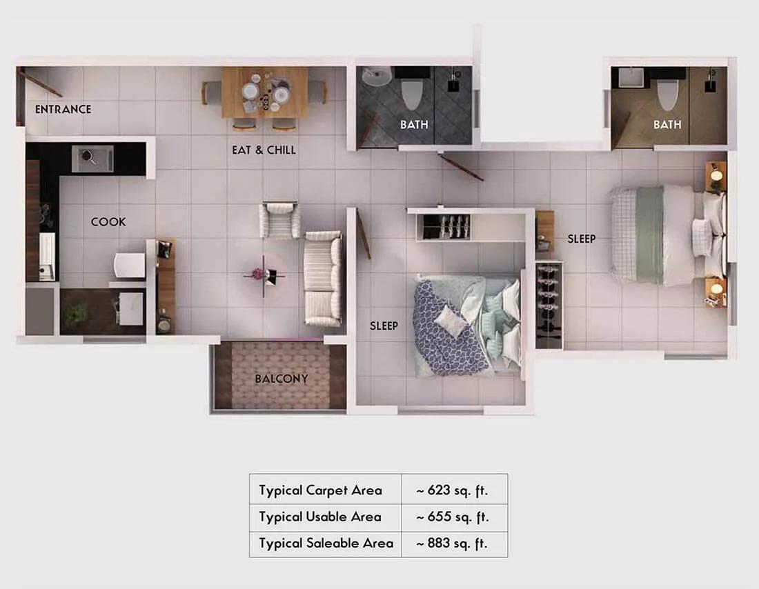 Provident Equinox 2 BHK floor plan, about 883 sq ft