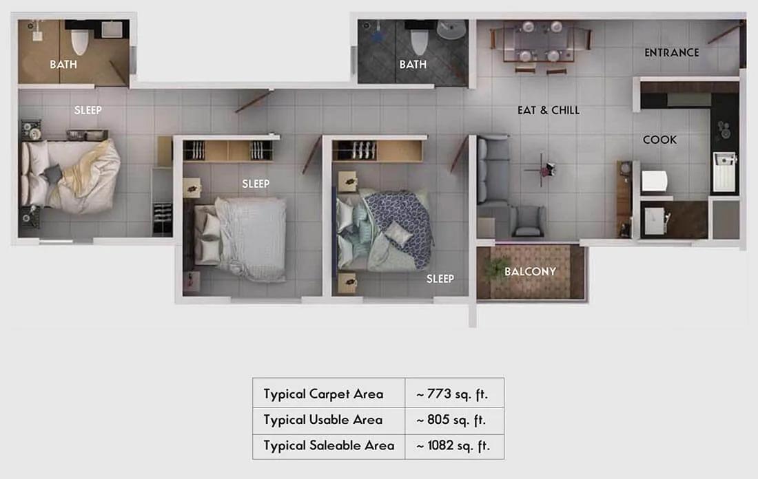 Provident Equinox 3 BHK floor plan, about 1,082 sq ft