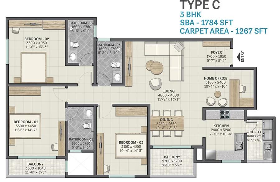 Sobha Victoria Park 3 BHK floor plan, about 1,784 sq ft
