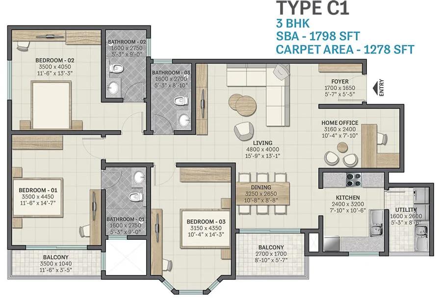 Sobha Victoria Park 3 BHK floor plan, about 1,798 sq ft