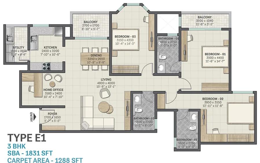 Sobha Victoria Park 3 BHK floor plan, about 1,831 sq ft