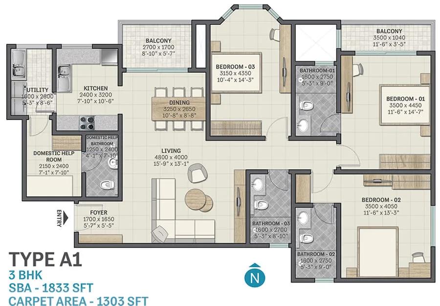 Sobha Victoria Park 3 BHK floor plan, about 1,833 sq ft