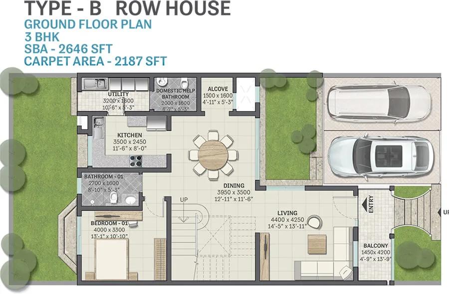 Sobha Victoria Park 3 BHK floor plan, about 2,646 sq ft