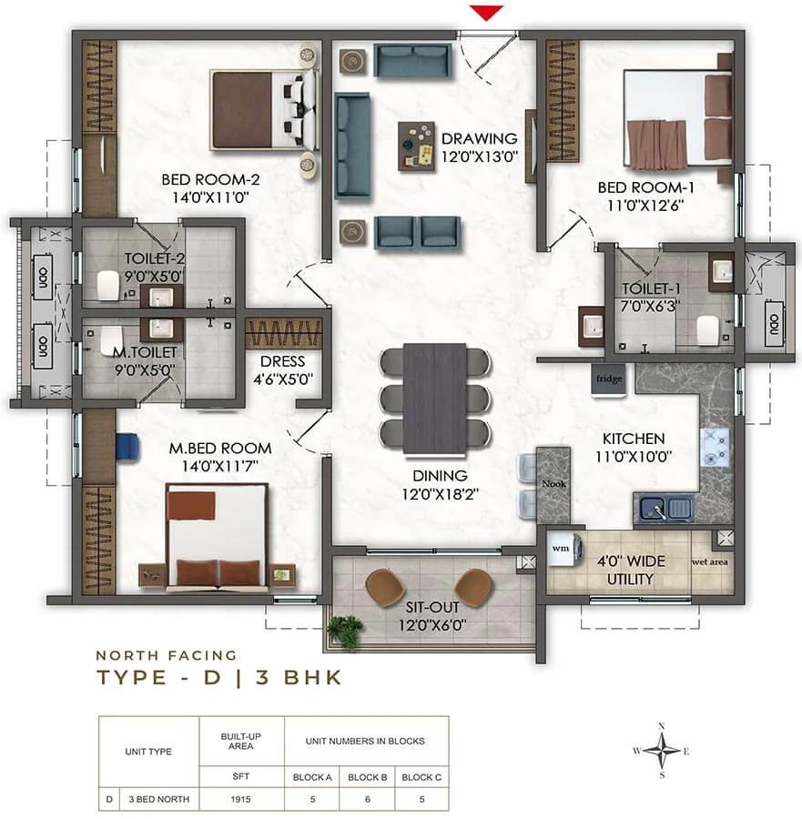 Ramky Odyssey 3 BHK floor plan, about 1,915 sq ft