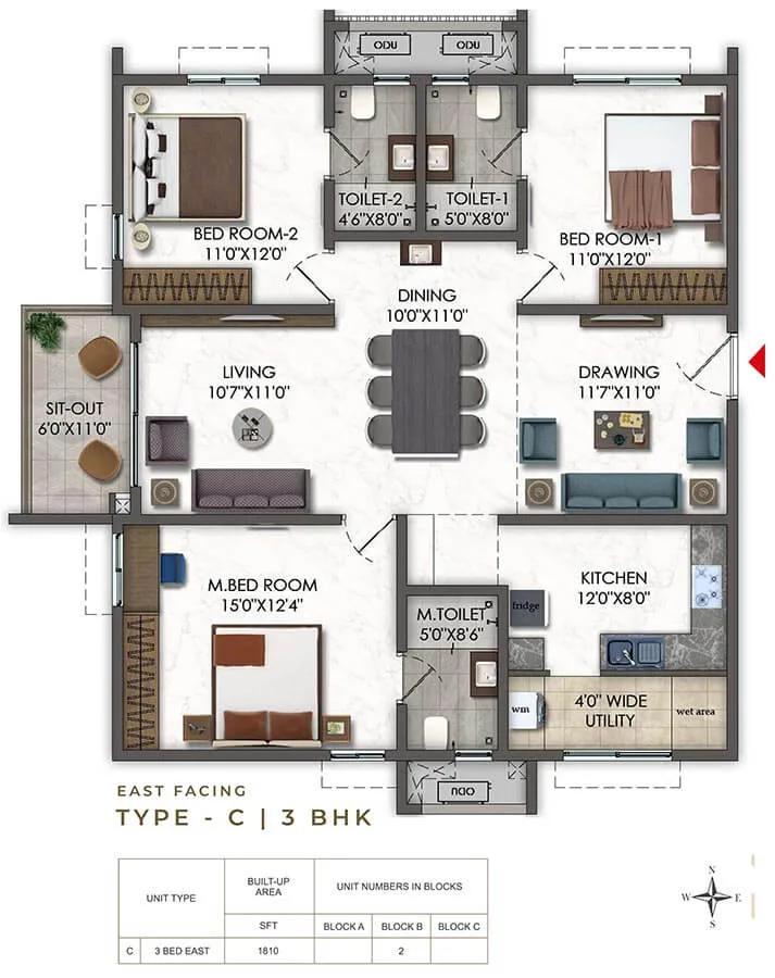 Ramky Odyssey 3 BHK floor plan, about 1,810 sq ft