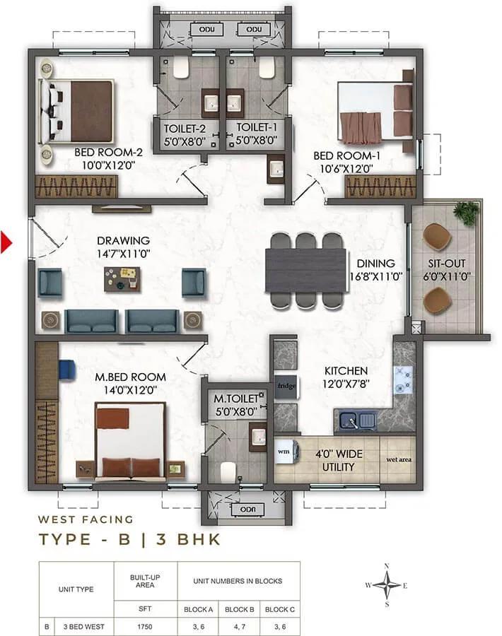 Ramky Odyssey 3 BHK floor plan, about 1,750 sq ft
