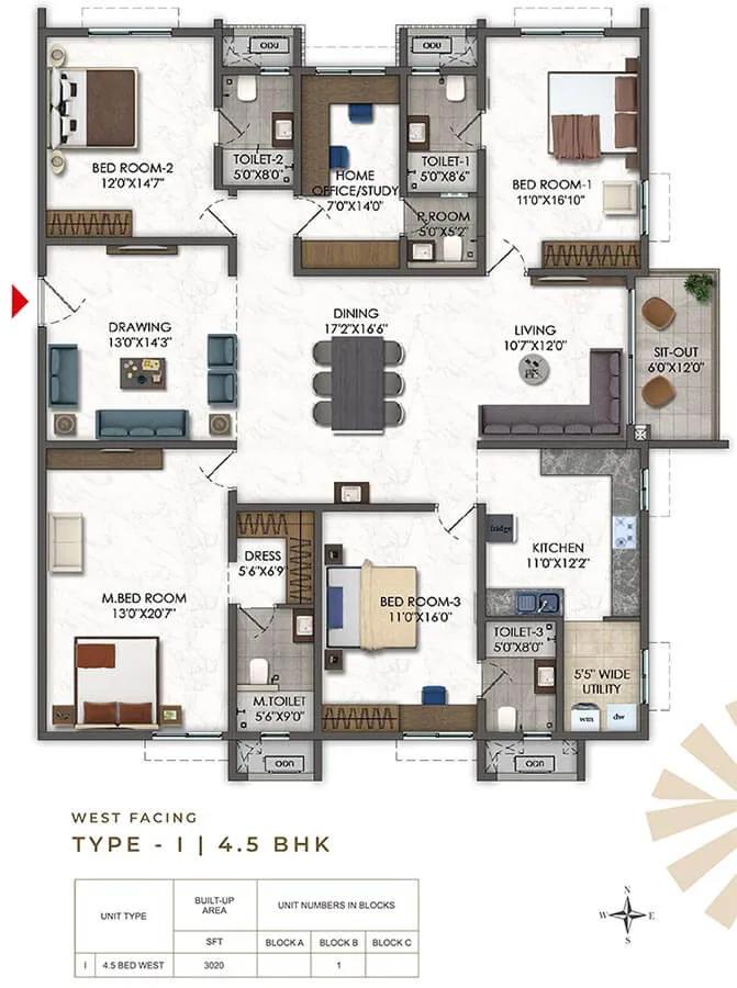 Ramky Odyssey 4.5 BHK floor plan, about 3,020 sq ft